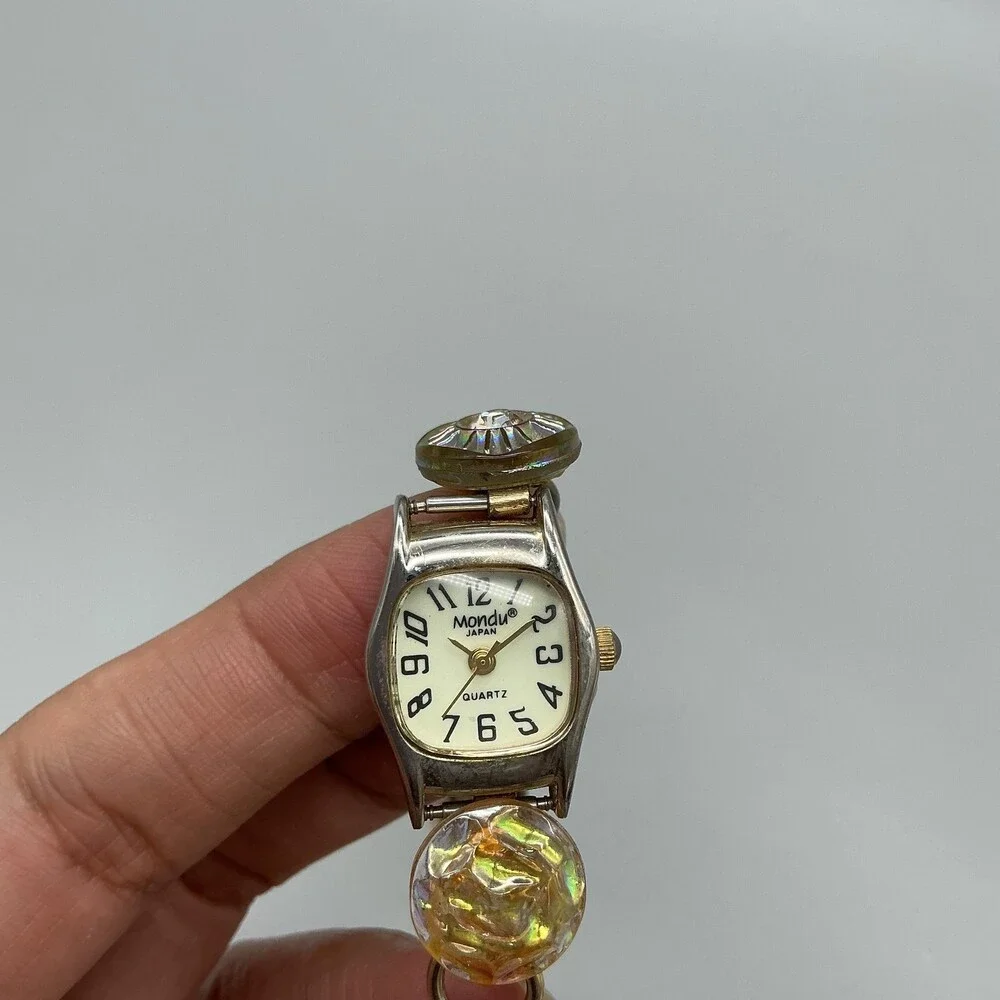 Mondu Womens Watch 18mm MOP Dial Silver Case Gold Bead Bracelet New Battery 7